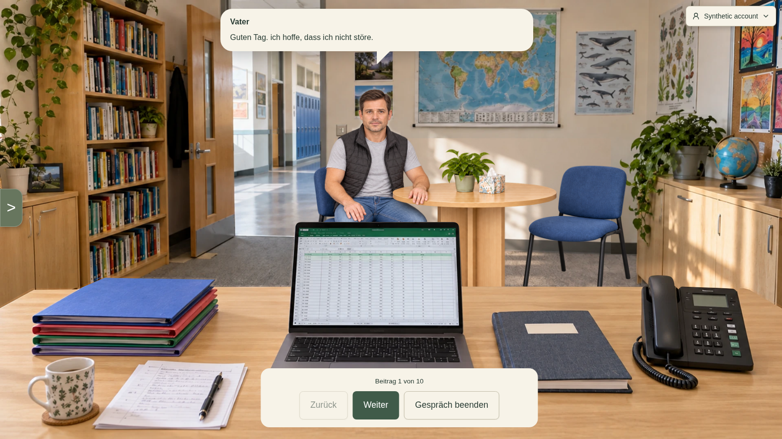 Sim:Teaching parent conversation in the teacher office, presenting a parent’s account as one source of case information